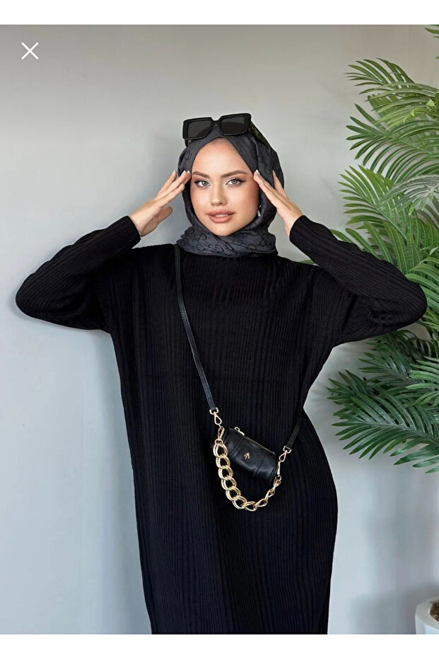 Fitilli Triko Elbise Siyah - 2