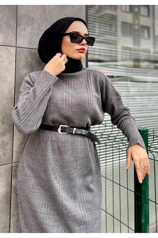 - Fitilli Triko Elbise Füme - 2