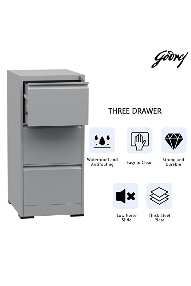 Godrej 3 Drawer Steel Filing Cabinet with Secure Lock, Steel, and Grey Powder-Coated Finish - 3