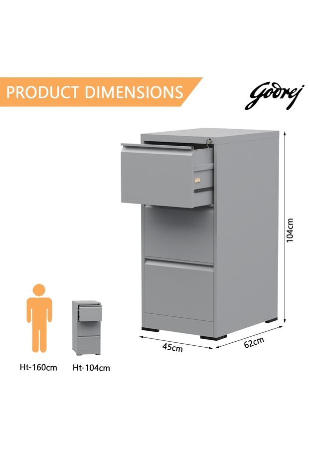 Godrej 3 Drawer Steel Filing Cabinet with Secure Lock, Steel, and Grey Powder-Coated Finish - 4