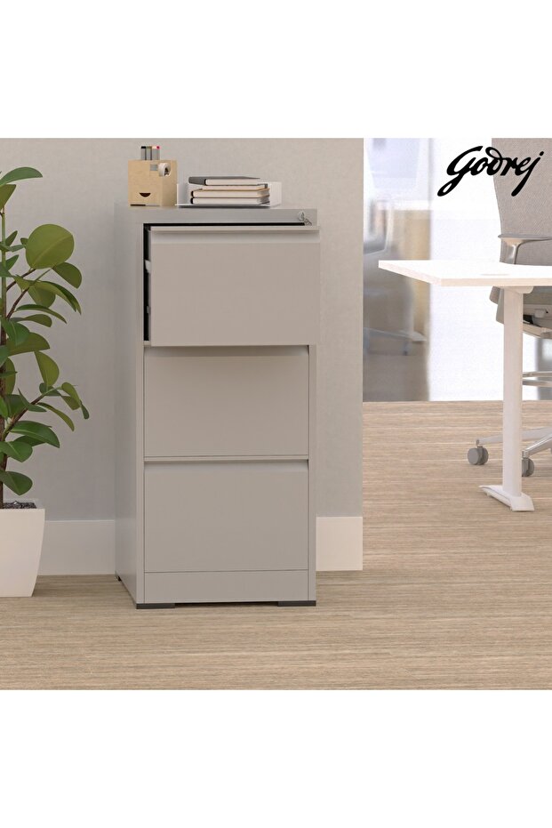 Godrej 3 Drawer Steel Filing Cabinet with Secure Lock, Steel, and Grey Powder-Coated Finish - 2