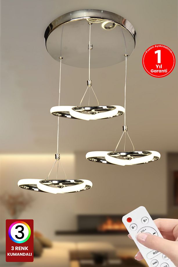 Üçlü Orkide 3 Renk Kumandalı Led Avize Gümüş Salon Avize Salon Avize Oturma Odası Avize - 2