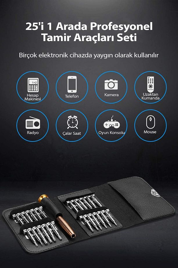 25 Parça Deri Cüzdanlı Tornavida Set Elektronik Saat Bilgisayar Tamir Tornavidası Seti - 5