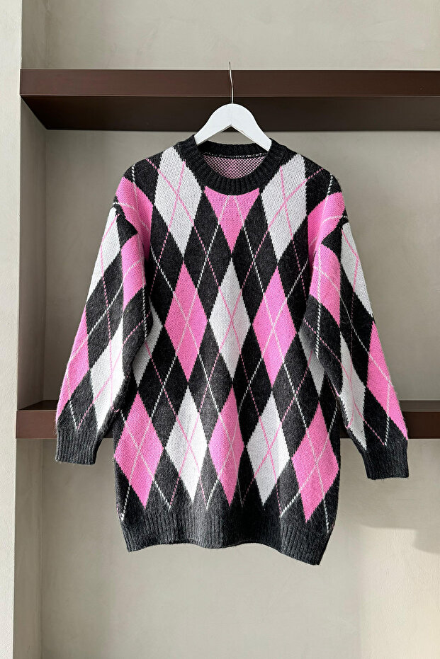 yumuşak Dokulu Ekose Desenli Kazak - Pembe - 2