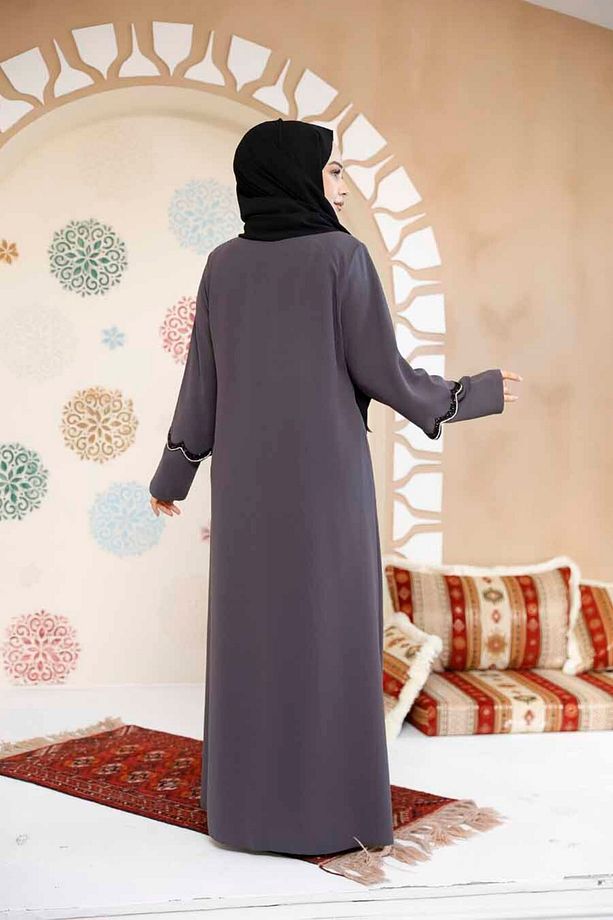 Boncuk İşlemeli Füme Tesettür Abaya 61365FU - 5