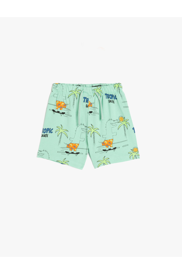 Palm Printed Cotton Elastic Waist Bermuda Shorts