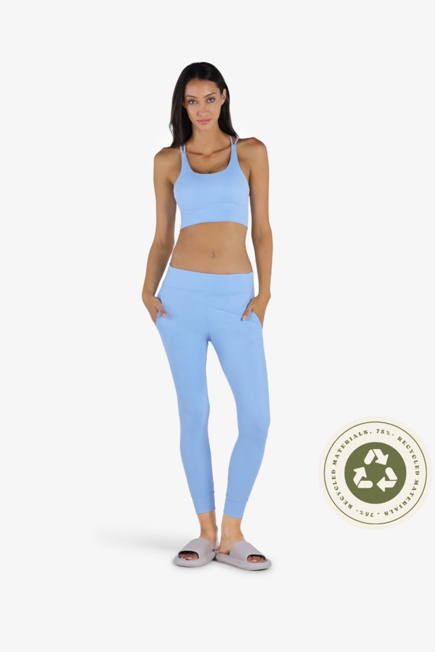 Women's Light Blue Activewear Set, Recycled Fabric Padded Criss-Cross Sports Bra and Pant