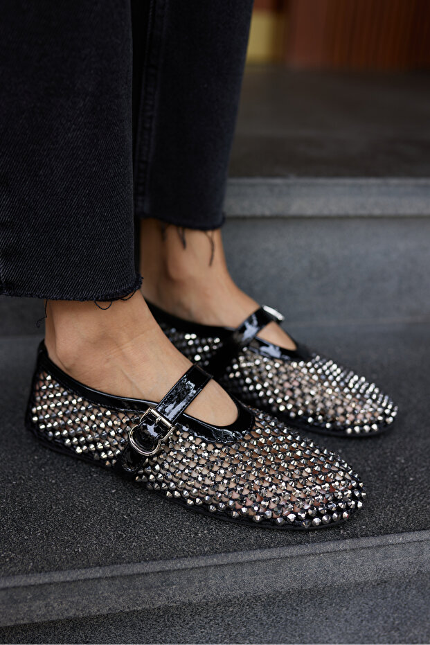 Santos Kadi̇N Si̇Yah Patent Leather Complete Stonė Ayakkabi̇