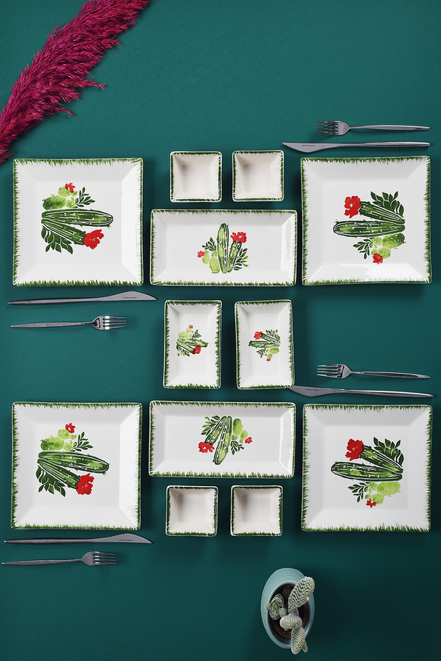 12 Pieces 4 Seater Cactus Breakfast Set Handmade Breakfast Presentation Set Serving Plates