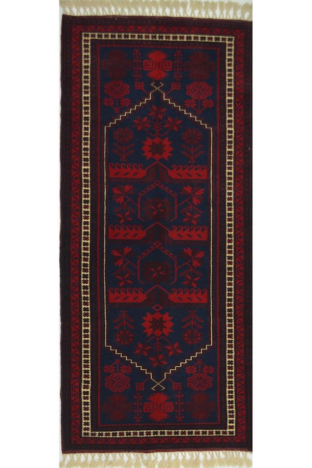 El Dokuma Lacivert Kırmızı Renk Yağcıbedir Halısı 91x260 cm (2.36 m²) - 1
