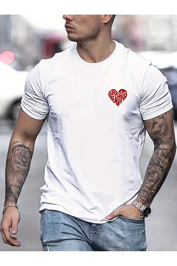 Life Is Beautiful Heart Printed Unisex Oversize Crew Neck T-Shirt