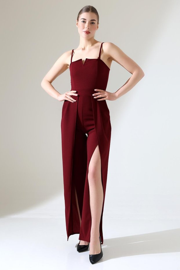 Burgundy Crepe Fabric Jumpsuit with Hanging Neck and Slit Detail
