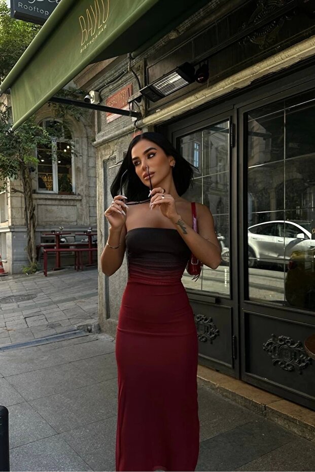 Renk Geçişli Tül Detaylı Uzun Elbise - 3