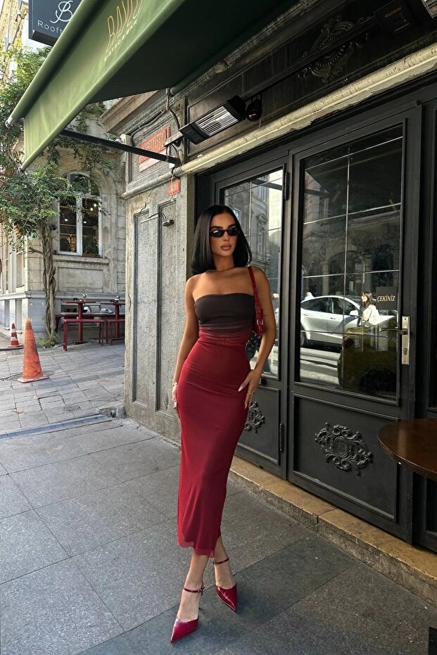 Renk Geçişli Tül Detaylı Uzun Elbise - 4