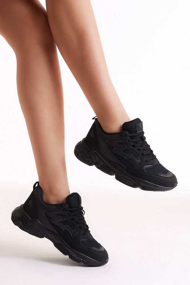 Unisex Siyah Rahat Kalıp Yüksek Taban Bağcıklı Spor Ayakkabı - 3