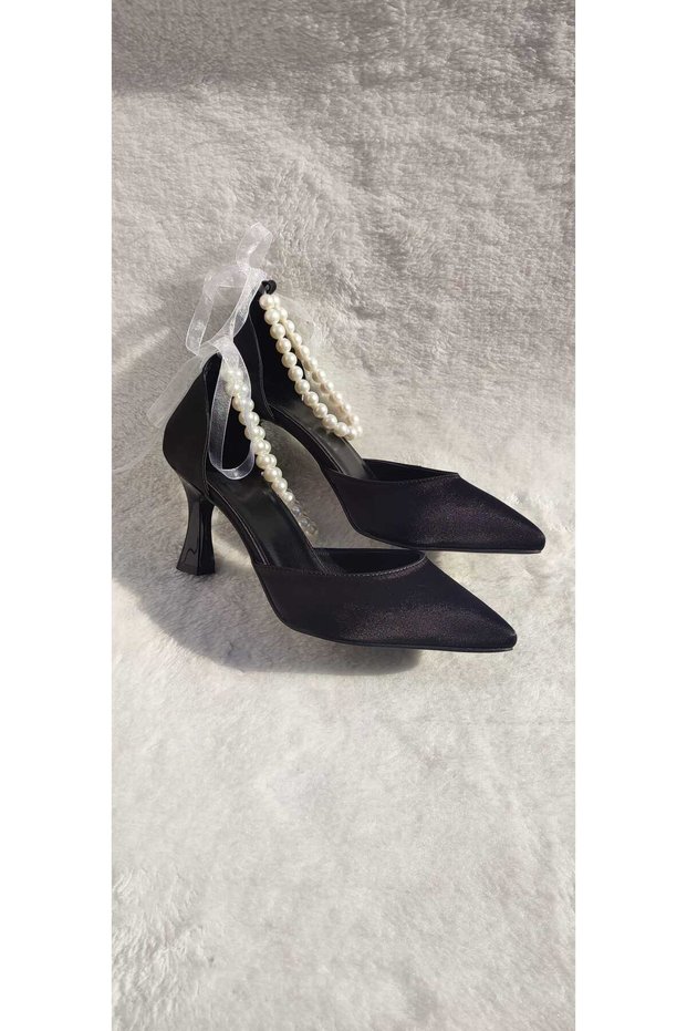 Women's Black Satin Ankle Shoes with Pearl
