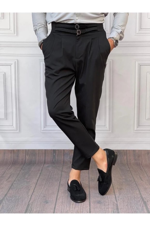 Men's Black Buckle Detailed Double Pleated Italian Cut Trousers