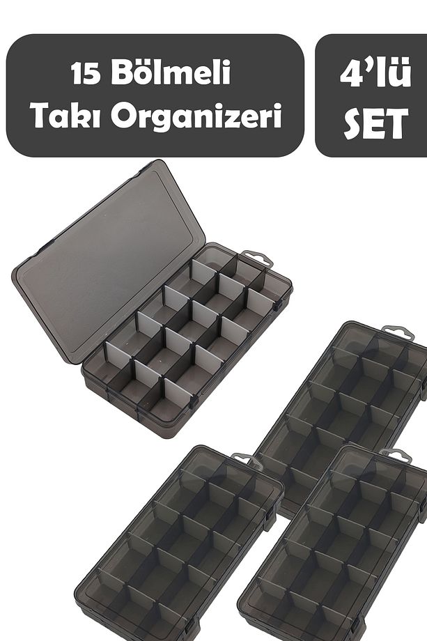 TAKI KUTUSU 4'lü 15 Bölmeli Takı Kutusu Ayarlanabilir Takı Düzenleyici - Şeffaf Siyah - 2