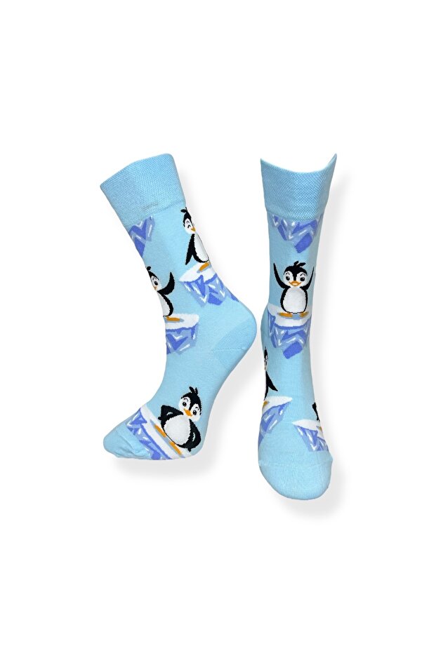 Tekli Unisex Penguen Desenli Mavi Renkli Esnek Nem Alabilen Pamuklu Çorap - 3