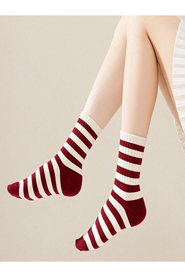 5 db gazdaságos csomag bordó-fehér csíkos szalag mintás uniszex teniszzokni készlet - 3