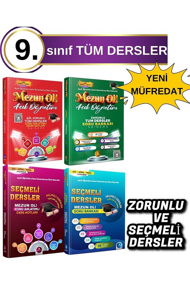 AÇIK LİSE-YENİ MÜFREDAT-9. SINIF TÜM DERSLER ( ZORUNLU VE SEÇMELİ-KONU ANLATIMI+SORU BANKASI) AÖL - 1