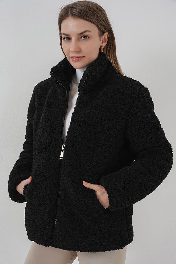 5178 Astarlı Peluş Mont - Siyah - 4