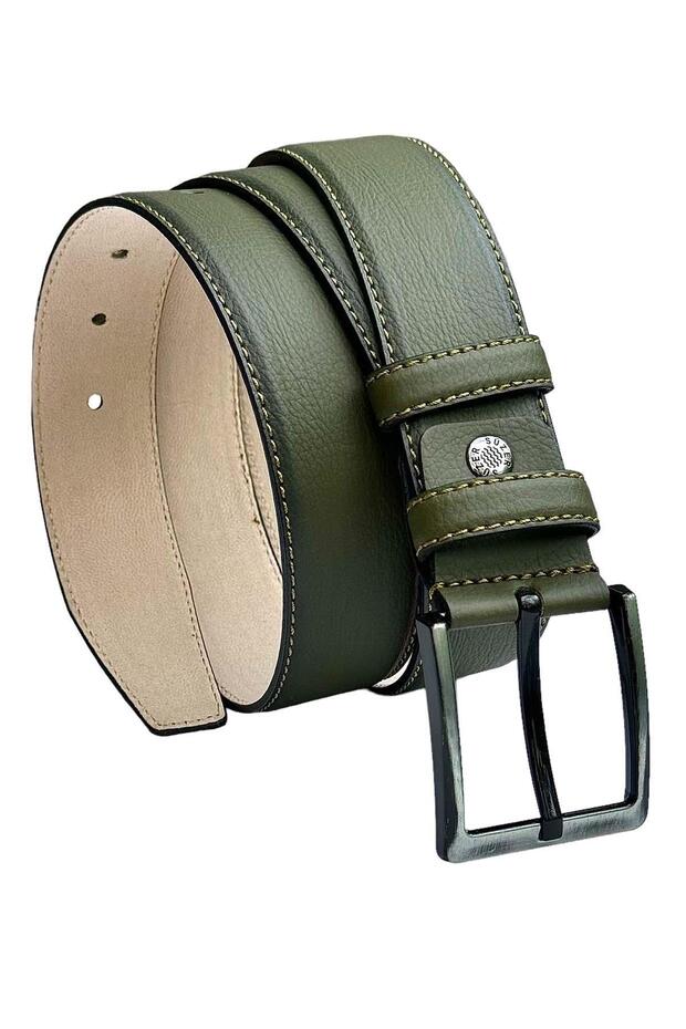 Khaki Green Faux Leather Stitched 4 cm Classic Men's Belt