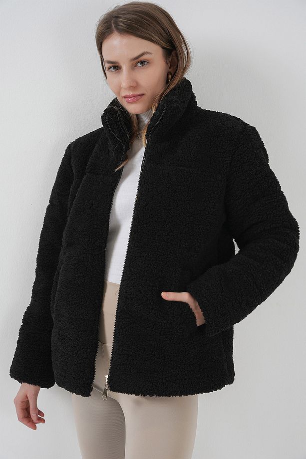 5178 Astarlı Peluş Mont - Siyah - 3