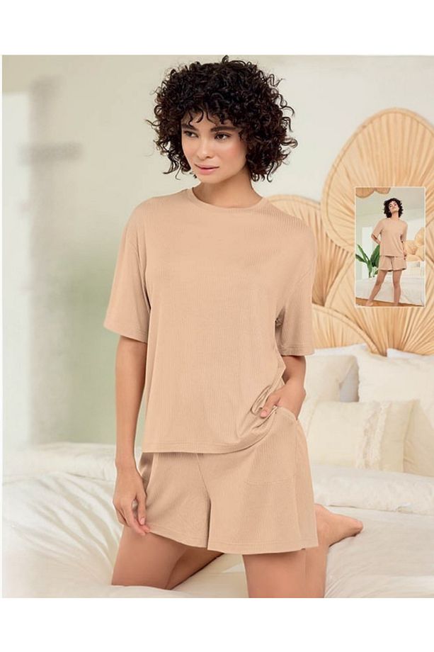 Lodos Store Aydoğan Kadın Basic Kısa Kollu Şortlu Fitilli Ribana Pijama Takımı Lyocell Ekru - 1