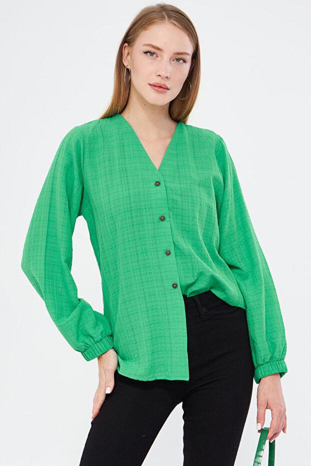 Women's Light Green Elastic Sleeves Wrinkled Shirt Arm-24K001002