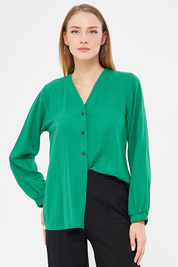 Women's Green Elastic Sleeve Ruffled Shirt Arm-24K001002