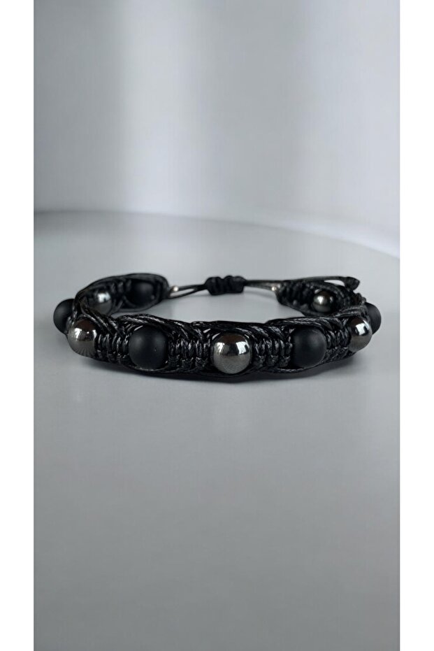 Bensei Hematite Stone and Onyx Stone, Pu Leather Adjustable Men's Bracelet