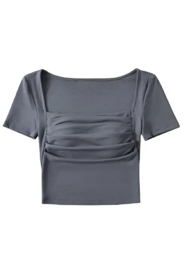 بلوزة قصيرة الأكمام ذات رقبة مربعة وأكمام قصيرة - 2