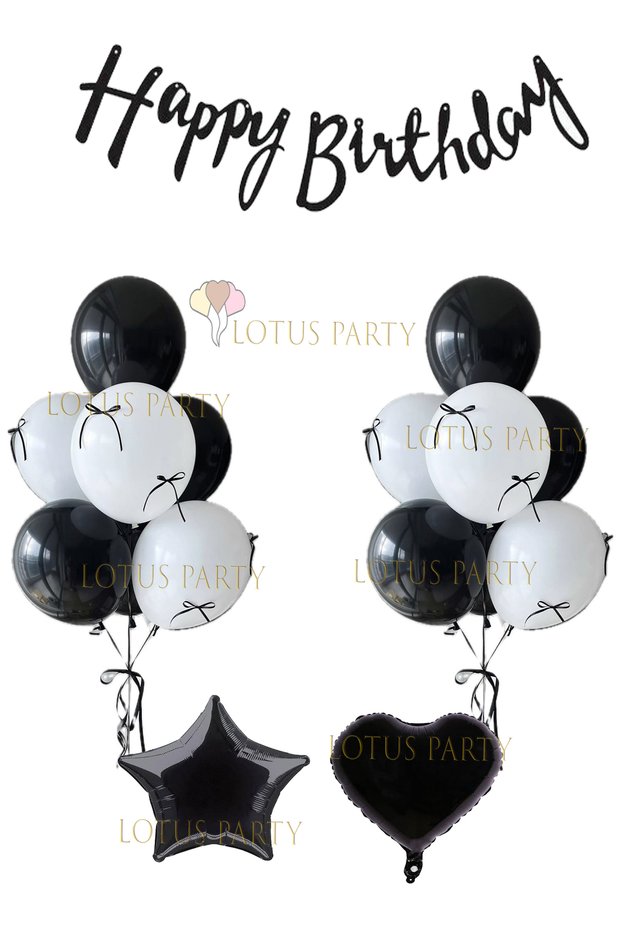 Ribbon Balloon Set - Birthday Set with Ribbons - Black and White Balloon - Black Ribbon Black Heart
