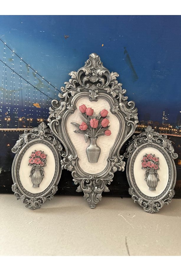 Çiçekli duvar tablosu el yapımı dekoratif tablo 3lü set - 6