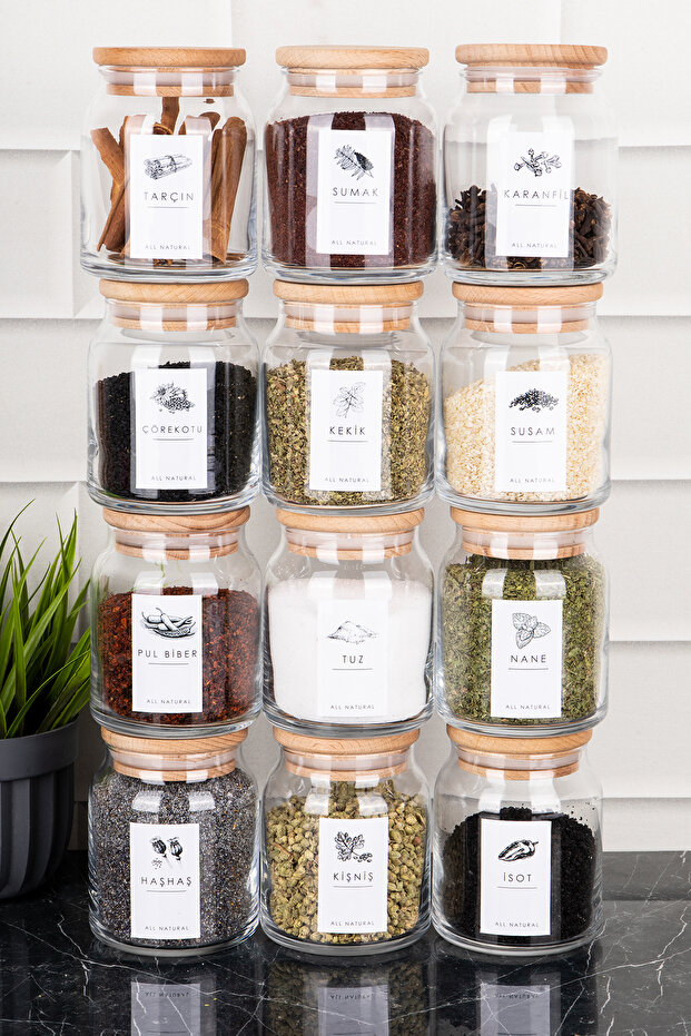 12-Piece Glass Spice Jar Set with Wooden Vacuum Lids and Labels, Glass Storage Container 300 ml