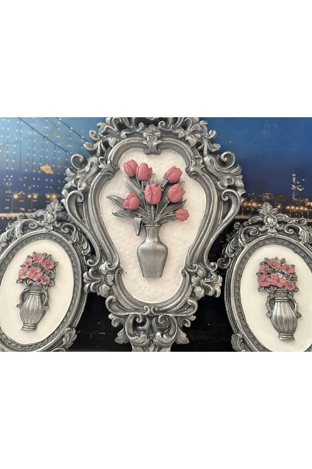 Çiçekli duvar tablosu el yapımı dekoratif tablo 3lü set - 4