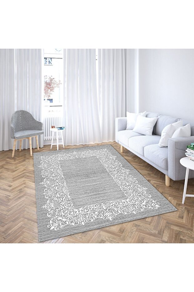 Embroidery Patterned Gray White Velvet Look Elastic Carpet Cover (with Sponge) Hoarm-1132