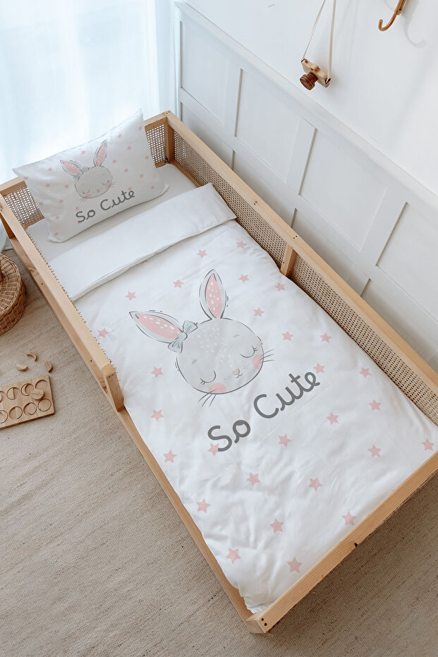 Montessori (Without Sheets) Duvet Cover Set 100X200 cm - for Baby Series - Pink Eared Rabbit