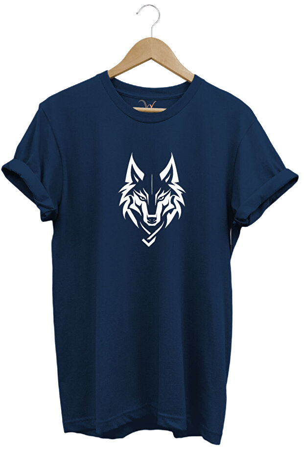 Bozkurt Turkish Wolf Printed 100% Cotton Regular Fit Crew Neck Navy Blue T-Shirt