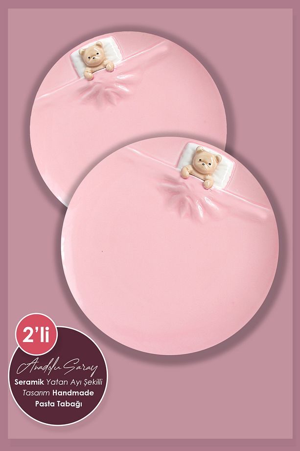 2ADET 19cm Seramik Yatan Ayı Şekilli Tasarım Handmade Pasta Tabağı Tatlı Kahvaltı Pasta Tabağı - 1