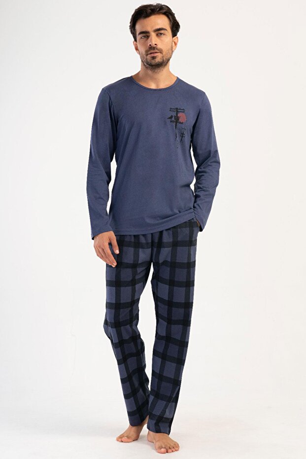 Erkek Uzun Kol Koyu Mavi Pijama Takım C6T0N0O504 - 1