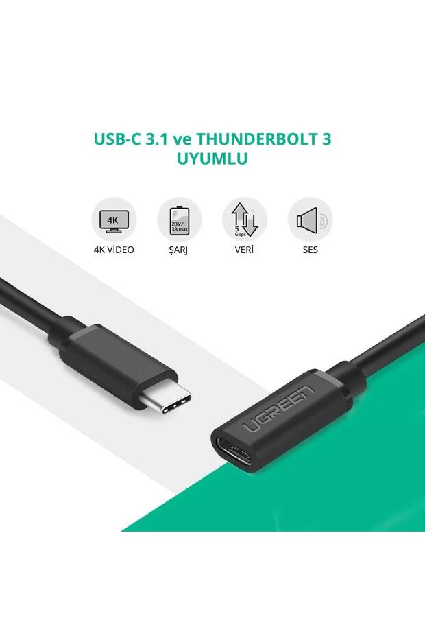 Usb 3.1 Thunderbolt 3 Type-c Erkek To Type-c Dişi Uzatma Kablosu 50 Cm - 3