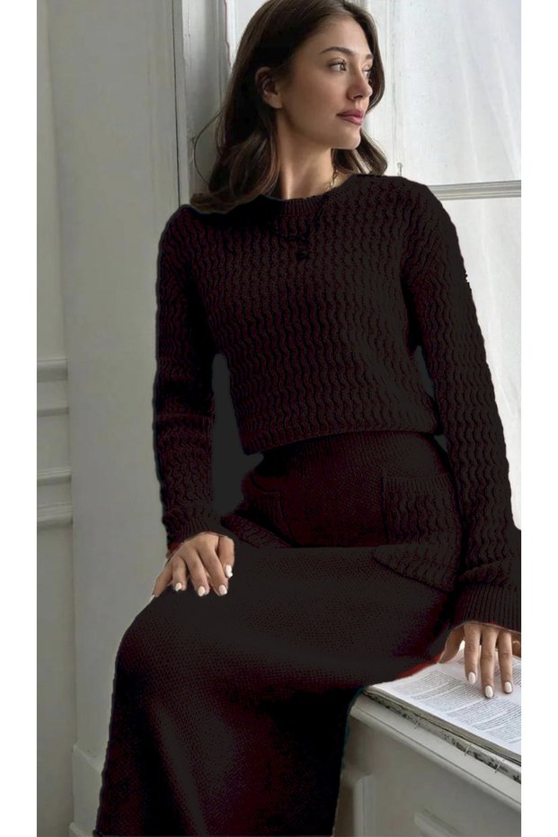 Women's Long Skirt Black Hair Braided Sweater Knitwear Set