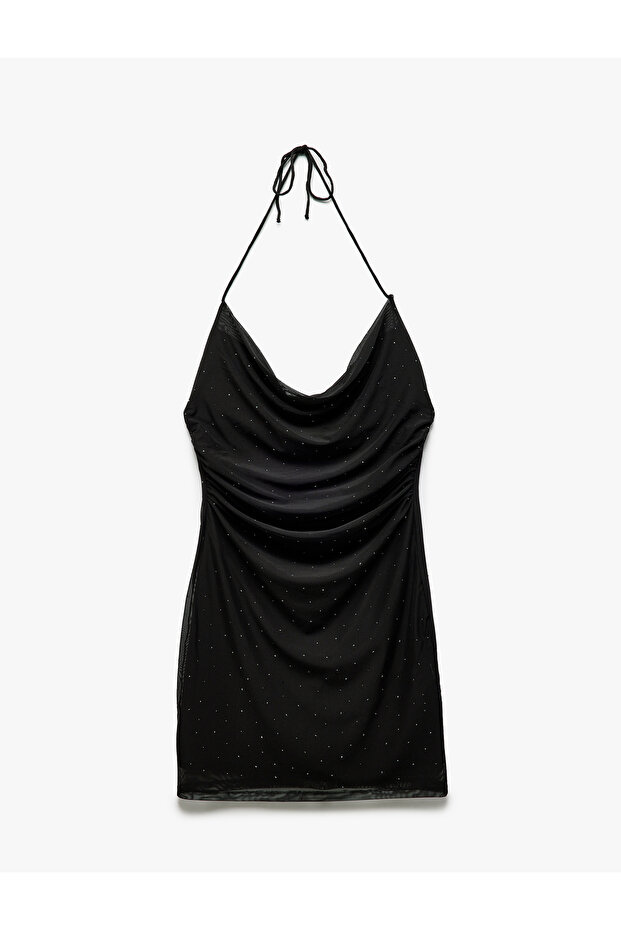 Lined Halter Slim Fit Degaje Neckline Mini Tulle Rhinestone Dress