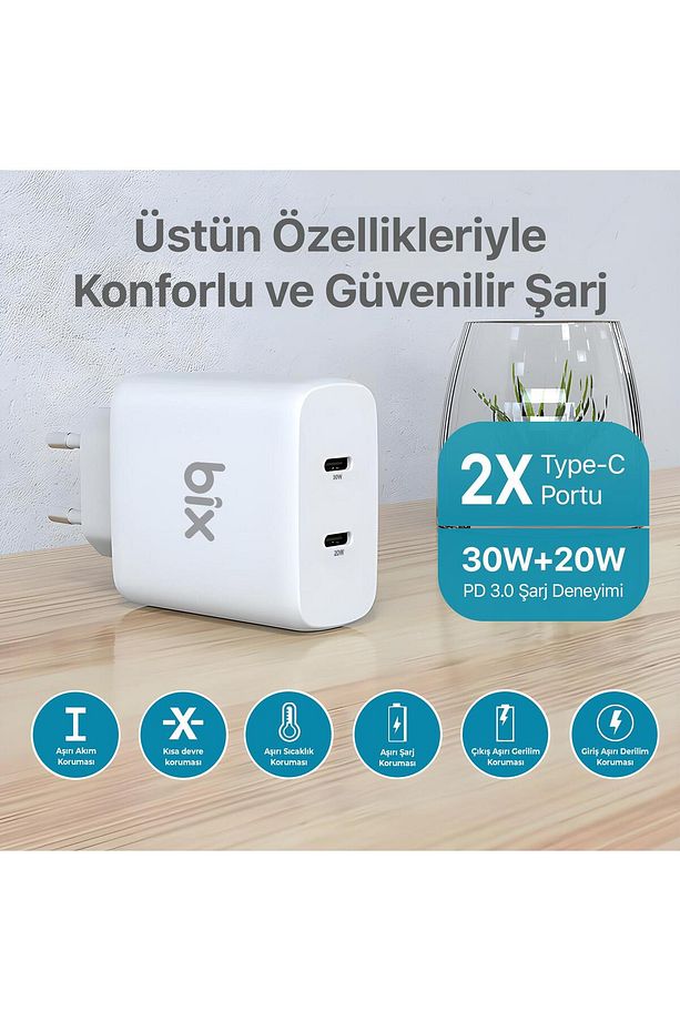 50w Usb-c Çift Portlu Hızlı Şarj Adaptörü Iphone, Android Ve Ipad Uyumlu Type-c Pd Şarj Aleti - 3