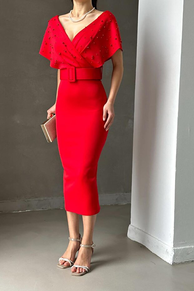 Red Belted Scuba Fabric Pearl Detail Dress