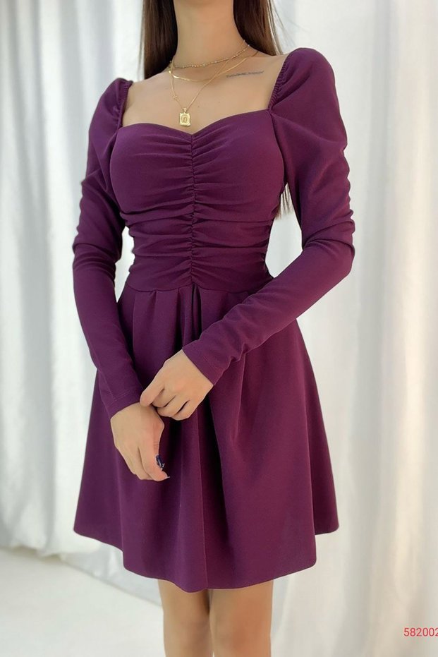 Purple Crepe Fabric Gather Detail Long Square Collar Long Sleeve Dress