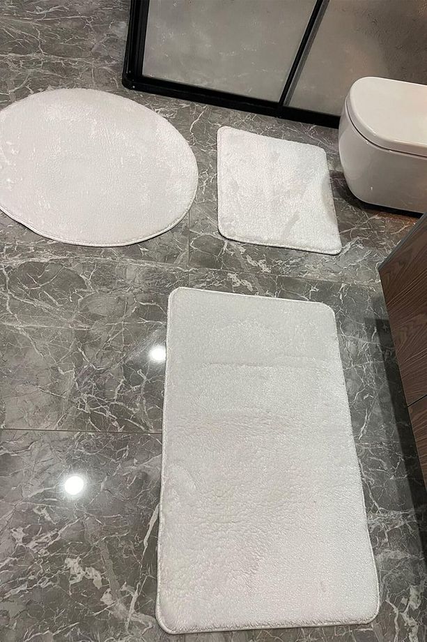 Beyaz 3'lü Peluş Yıkanabilir Banyo Paspas Seti (60x100) (60x40) (60x60)  Yuvarlak - 1