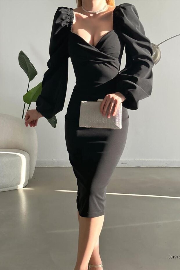 Black Princess Sleeve Slit-Detail Sweetheart Neck Midi Length Dress